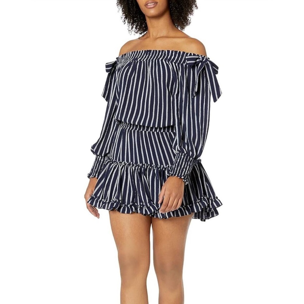 MISA Los Angeles Carly Blue Off The shoulder Striped Mini Dress Size XS